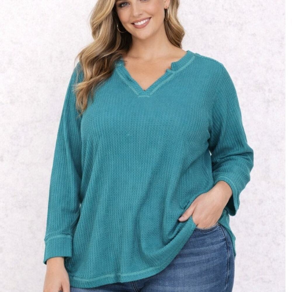 Logo By Lori Goldstein Waffle Knit Top Raw Hem V-Neck Teal Plus Size 2X Weekend